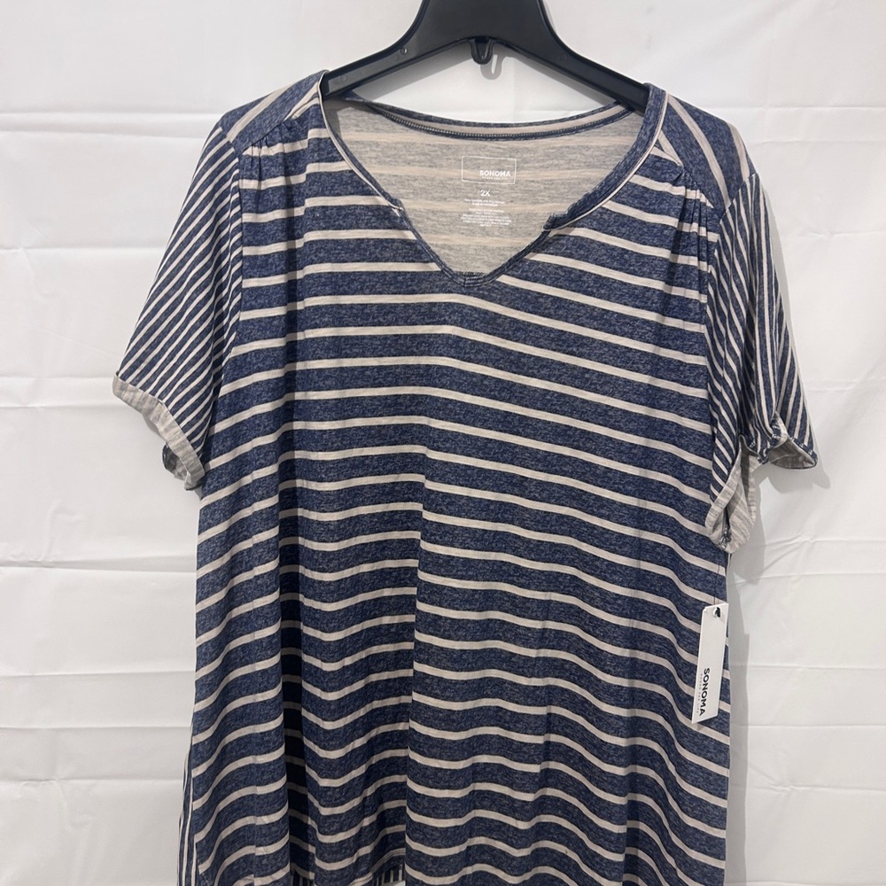 Sonoma Blue and Cream Striped V-Neck Top